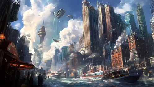 Futuristic harbor megacity rises with towering retro skyscrapers