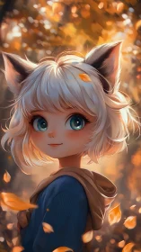 Anthropomorphic feline girl in autumn forest environment.