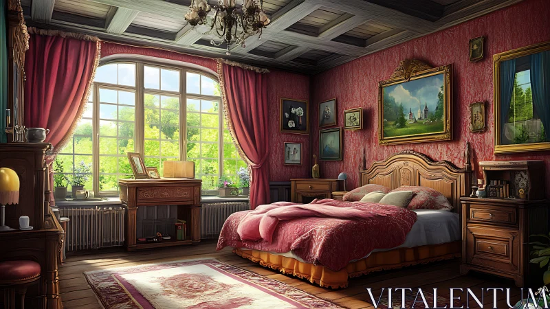 Sunlit vintage bedroom wrapped in rosy morning calm.
