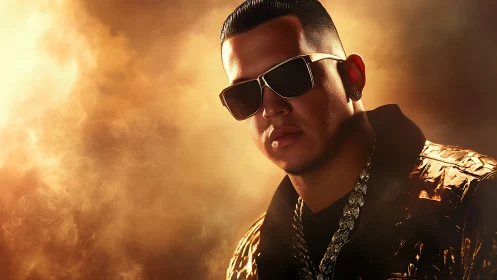 Golden-lit urban rapper poses in smoky dramatic portrait.