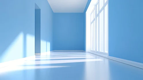 Minimalist blue interior with strong window light.