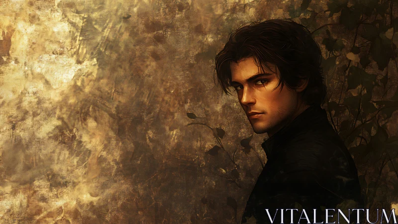 Moody young man in golden light beside quiet autumn leaves.