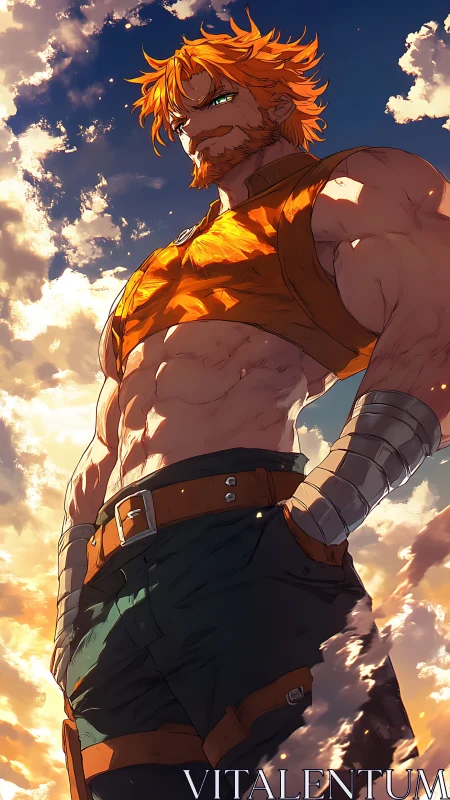 Heroic orange-haired warrior under luminous sunset clouds.