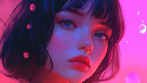 Digital painting portrait in neon pink and cyan gradient lighting.