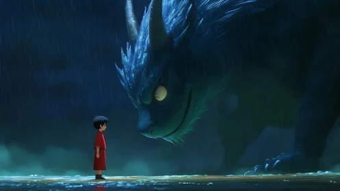 Child facing large horned creature in rainy night scene.