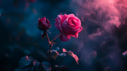 Rose with bud against deep blue background