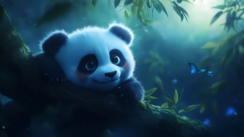 Baby panda dreams beneath glowing forest fireflies tonight