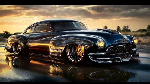 Chrome dusk cruiser sliding through molten sunset streets.