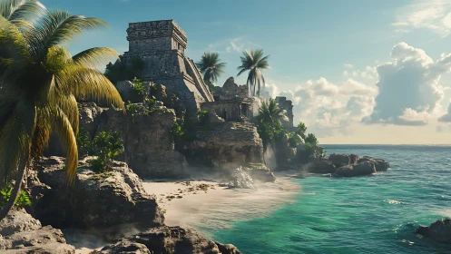 Ancient stone temple overlooks tropical cliffside lagoon at sunrise