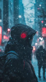 Cybernetic hooded figure in neon snowstorm, urban dusk