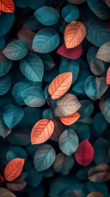 Teal foliage contrasts with glowing orange autumn leaves