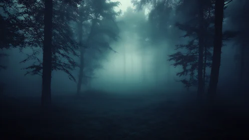 Soft blue mist drifting through a quiet midnight forest.