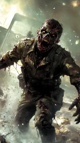 Undead soldier advances through burning battlefield chaos.