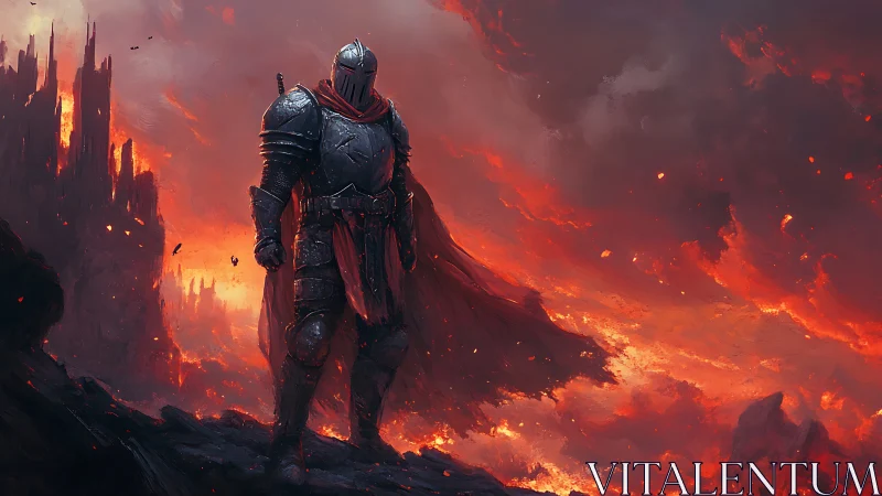 Armored knight stands over burning volcanic wasteland.