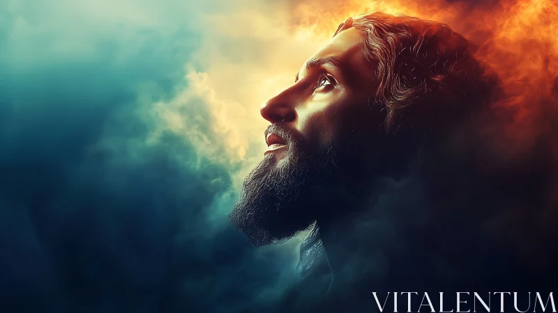 Luminous bearded profile framed by bifurcated chromatic clouds.