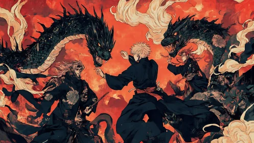 Dynamic triadic duel with serpentine dragons in high-contrast reds