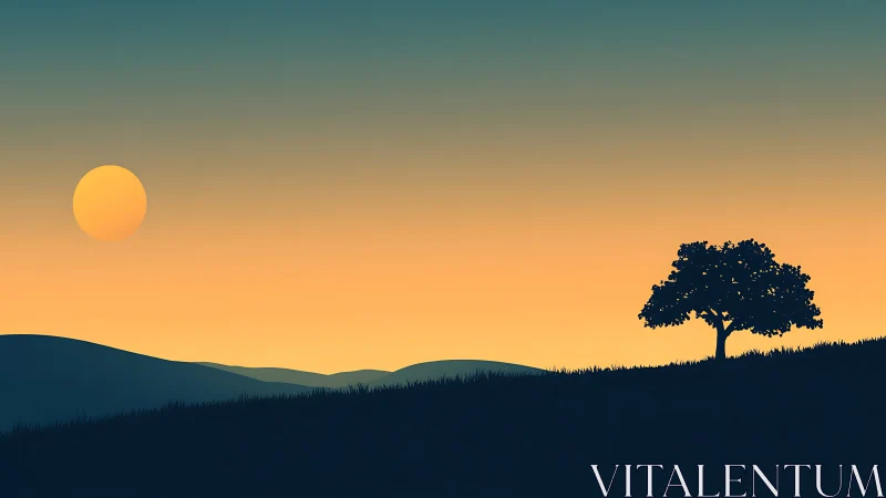 Golden hush over rolling hills and a solitary tree at dusk.