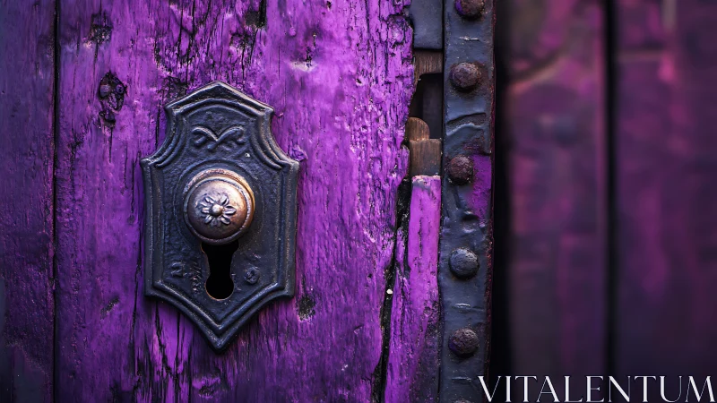 Weathered purple wooden door with ornate metal keyhole
