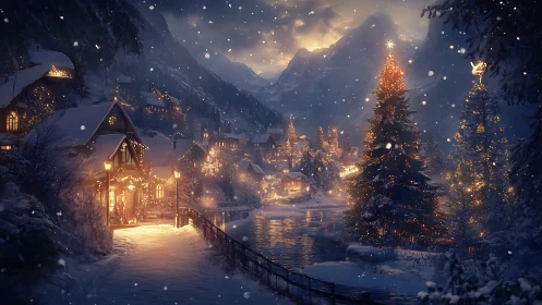 Snowy alpine village glows with magical Christmas lights at dusk