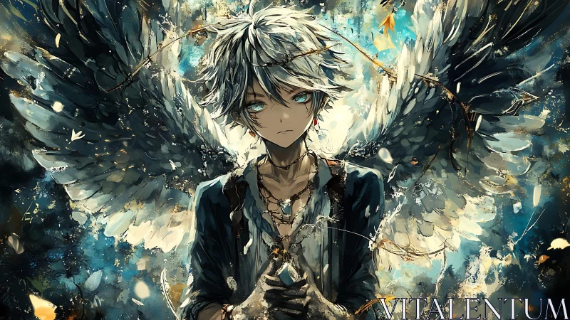 Winged anime boy stands centered in dynamic blue light