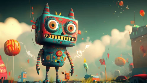 Whimsical festival robot with stylized textures and exaggerated proportions