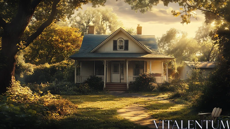 Golden hour cottage in wooded garden, photorealistic rendering.