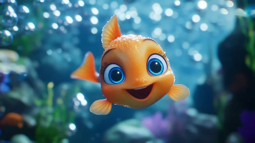 Smiling orange cartoon fish glides through glowing reef.