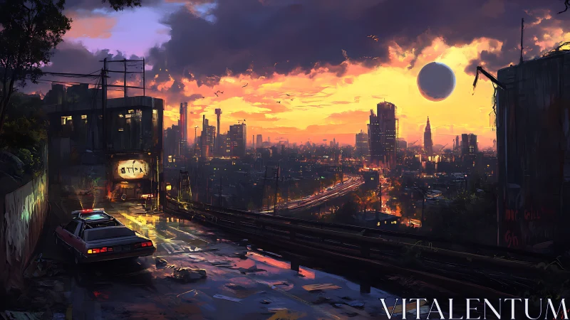 Neon-soaked dystopian overpass at sunset with orbiting sphere.