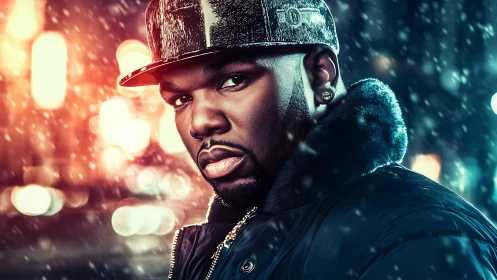 Urban night portrait of man in fur-trim parka with snowfall