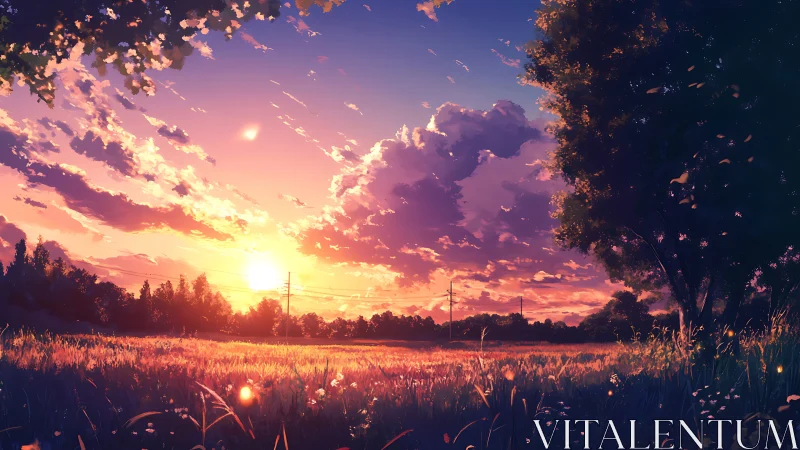 Spectral dusk over meadow topology with volumetric clouds.