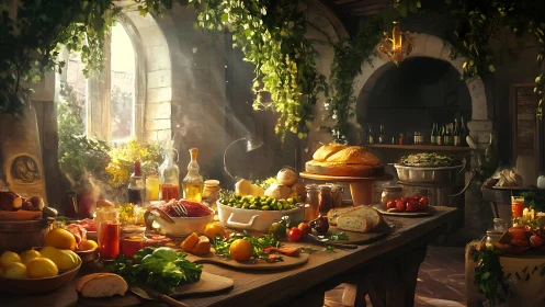 Sunlit tavern feast drenched in herbs, bread, and golden warmth.