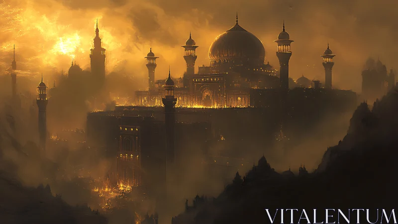 Sunlit domed fortress citadel in volcanic haze at dusk