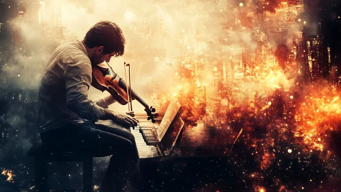 Digital painting of pianist violinist in blazing abstract cityscape.