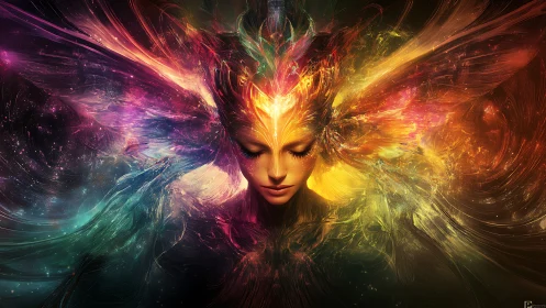 Digital painting of prismatic astral muse in radial symmetry.