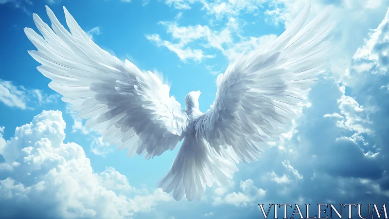 Winged humanoid silhouette in bright clouded sky scene.