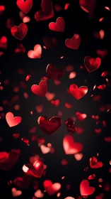 Luminous Red Hearts Against Black Background with Bokeh Depth.