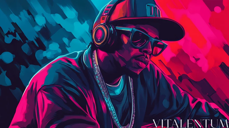 Urban DJ portrait in neon cyan and magenta lighting.