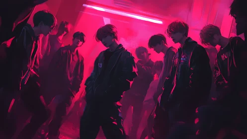 Brooding street youth gather under neon crimson light.