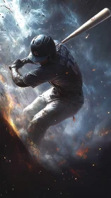 Baseball slugger drives molten energy through storm sky.