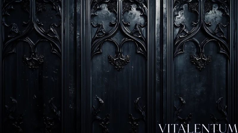 Dark vertical panels show ornate gothic relief patterns