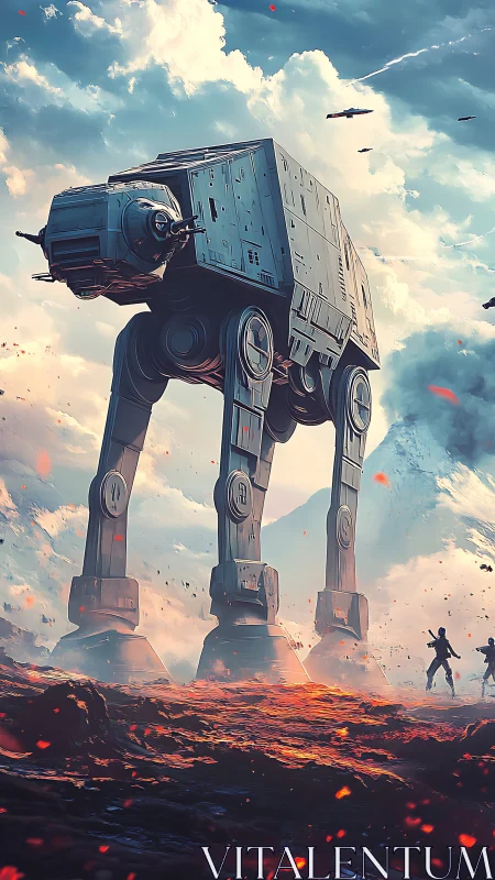 Colossal four-legged war machine over fiery battlefield.