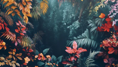 Digital foliage corridor with chromatic botanical framing.