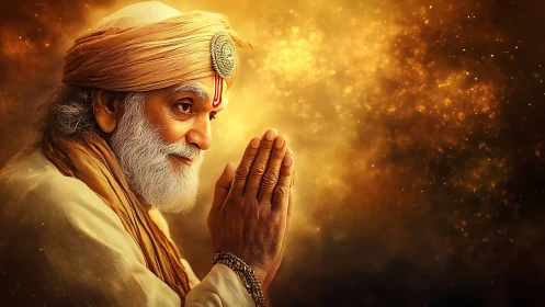 Elderly spiritual guru in golden light with folded hands.