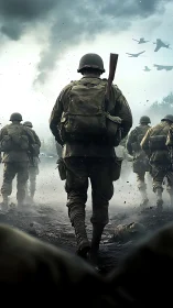 Infantry unit advancing across muddy battlefield terrain.