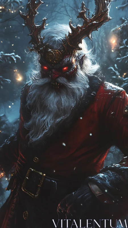 Crimson winter king stalks the forest with burning reindeer eyes