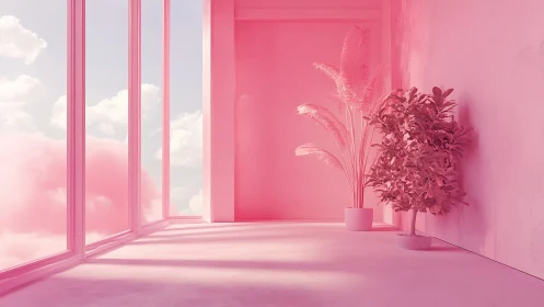 Monochromatic Pink Interior Space with Decorative Plants Against Expansive Sky View