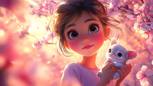 Blossom-bright girl cradles wide-eyed kitten in peachy dusk.