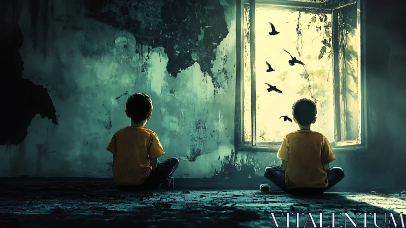 Two boys in ruined room watch birds through open window.
