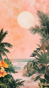 Tropical shoreline with stylized sun, palms, and rock outcrop.
