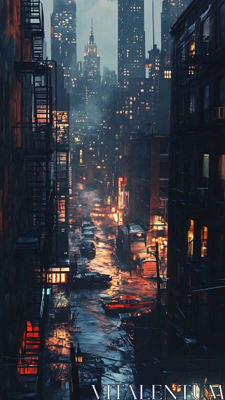 Rain-soaked urban canyon with reflective asphalt and volumetric haze